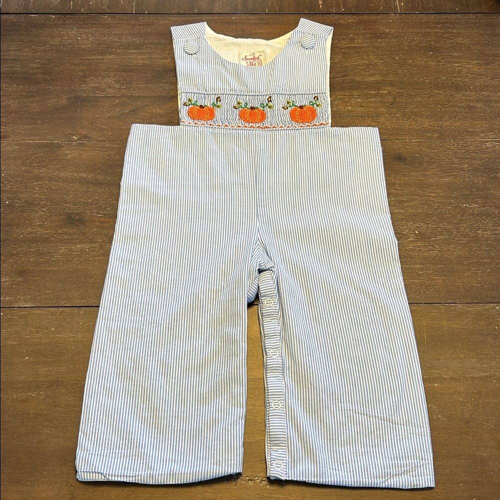 Smocked or Not Pumpkins Blue Stripe One Piece Cotton Romper